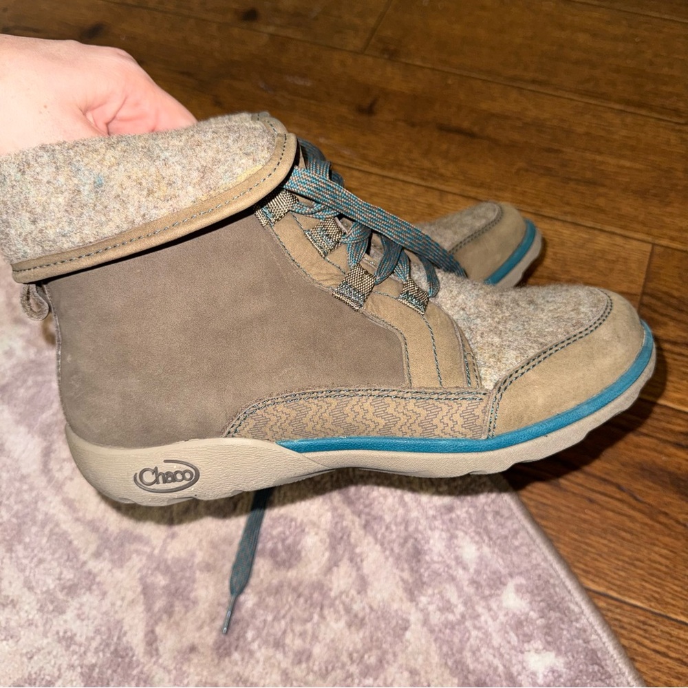 Chaco Lace-Up Ankle Boots in Tan with Teal Accent